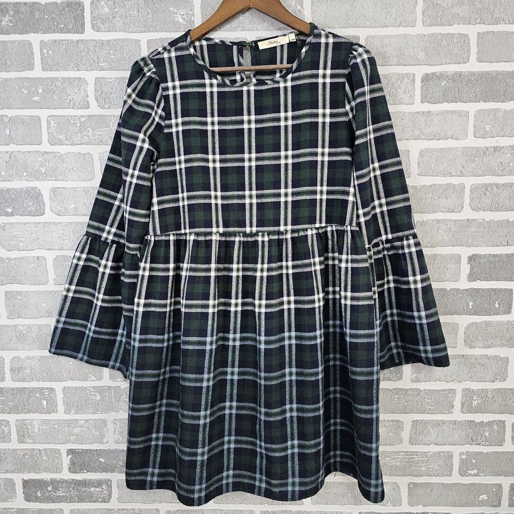 Andree by Unit Plaid Ombre Dress Medium Bell Sleeve Soft Knit‎ Relaxed Lagenlook